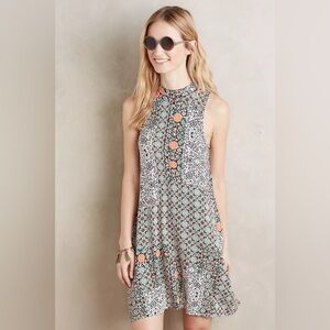 Maeve Anthropologie Lilt Sleeveless High Neck Green Orange Swing Dress Small